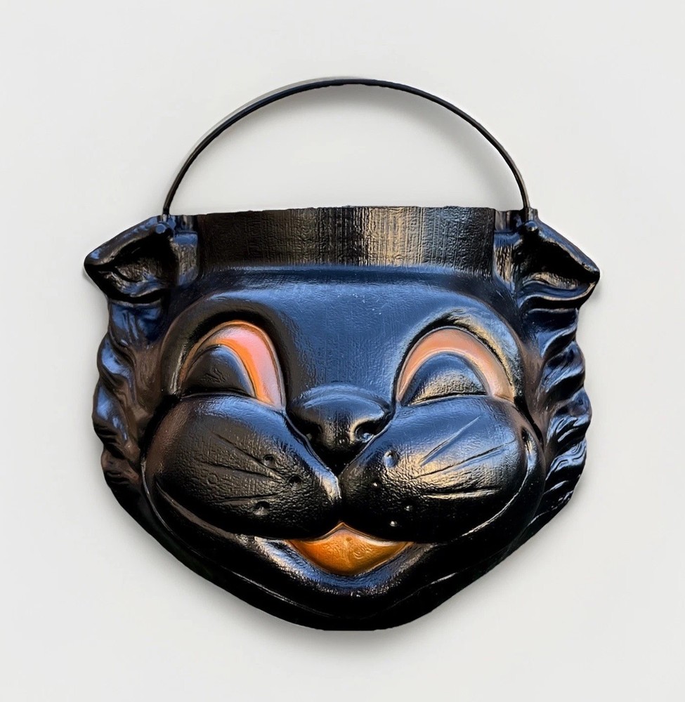 Vintage Black Cat Halloween Candy Bucket – Blow Mold Trick or Treat Pail