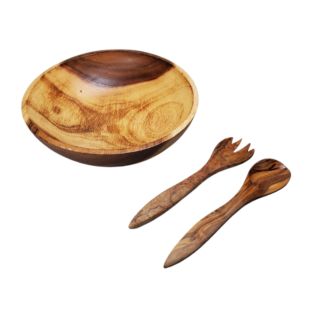 Acacia Wood Bowl with Serving Utensils 3pc Set Salad Fruit Serving Primitive-image