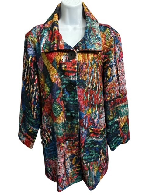 Boho Abstract Knit Blazer Jacket with Pockets in Red Blue-image