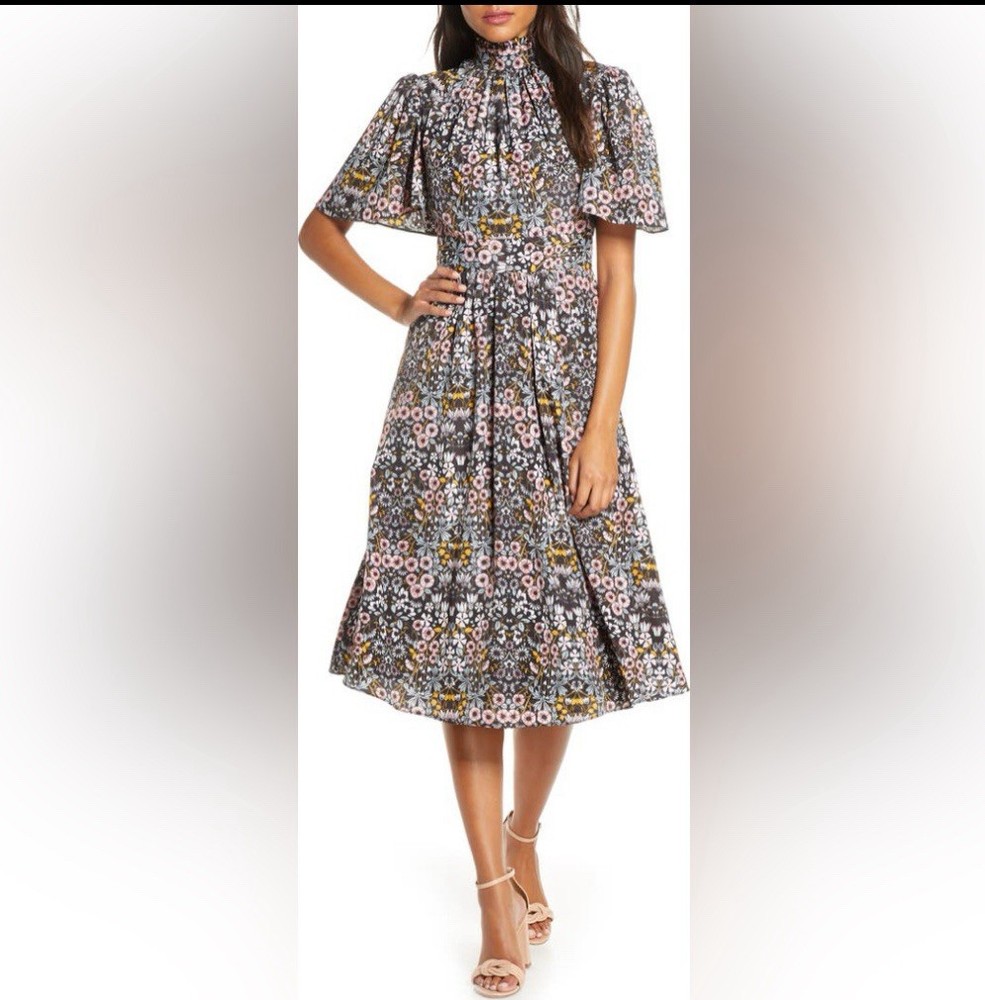 Julia Jordan Ruffle Mock Neck Flutter Sleeve A-Line Dress Floral Print Size 8