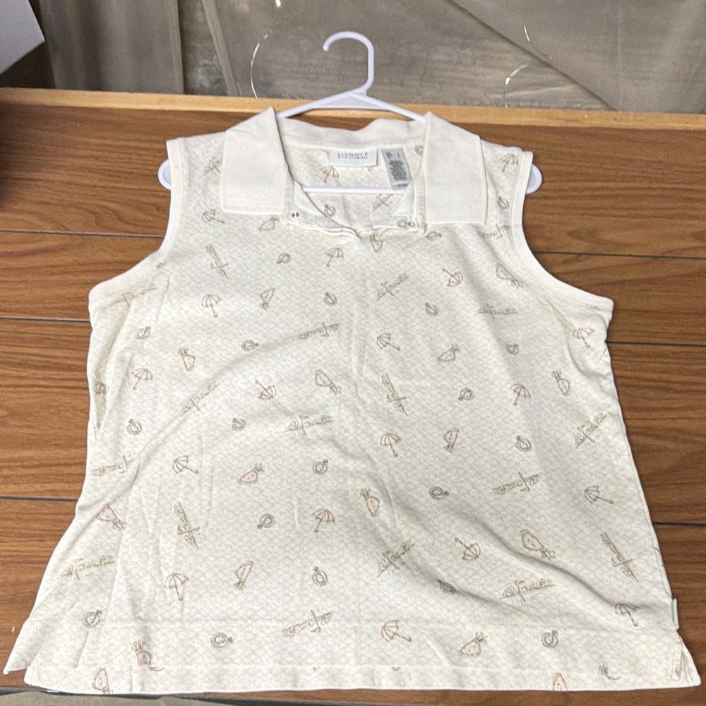 Lizgolf by Liz Claiborne Women’s Golf Polo Shirt L White/Beige Print Sleeveless