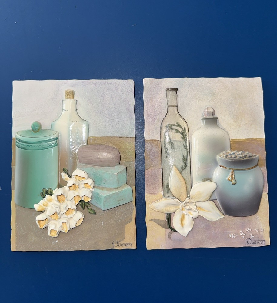 Vintage Hand Made Foral Design Ceramic Wall Tile Art In Relief-Signed/Durham