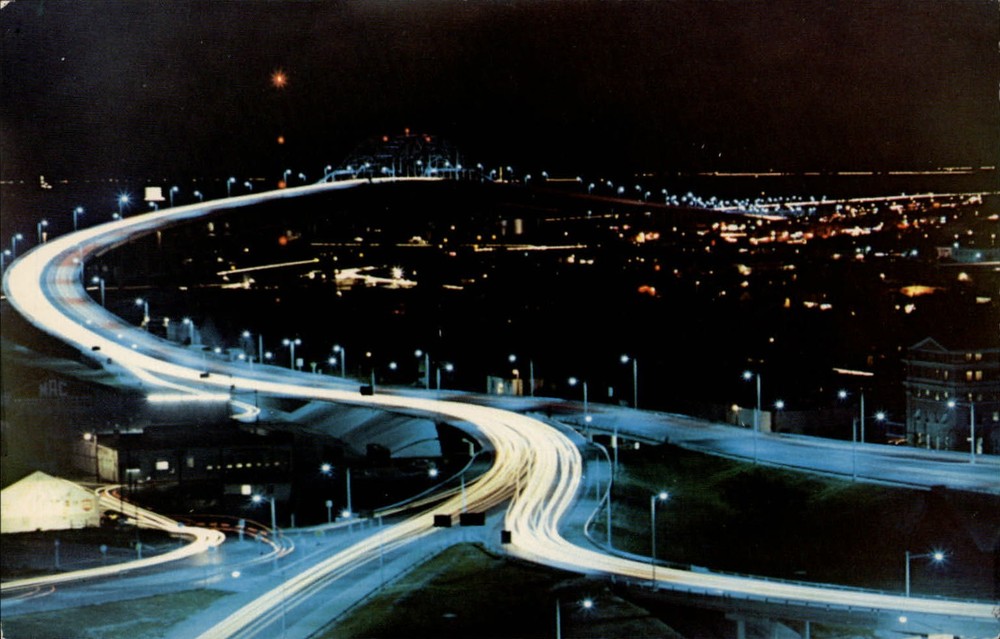 Corpus Christi Texas Harbor Bridge highway at night ~ vintage postcard