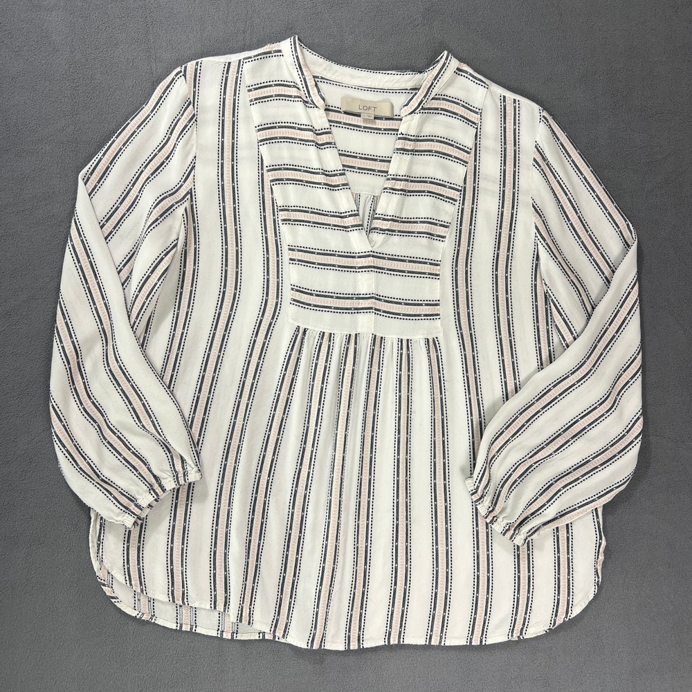 Loft White Black and Pink Striped V Neck Peasant Top Womens Size Large