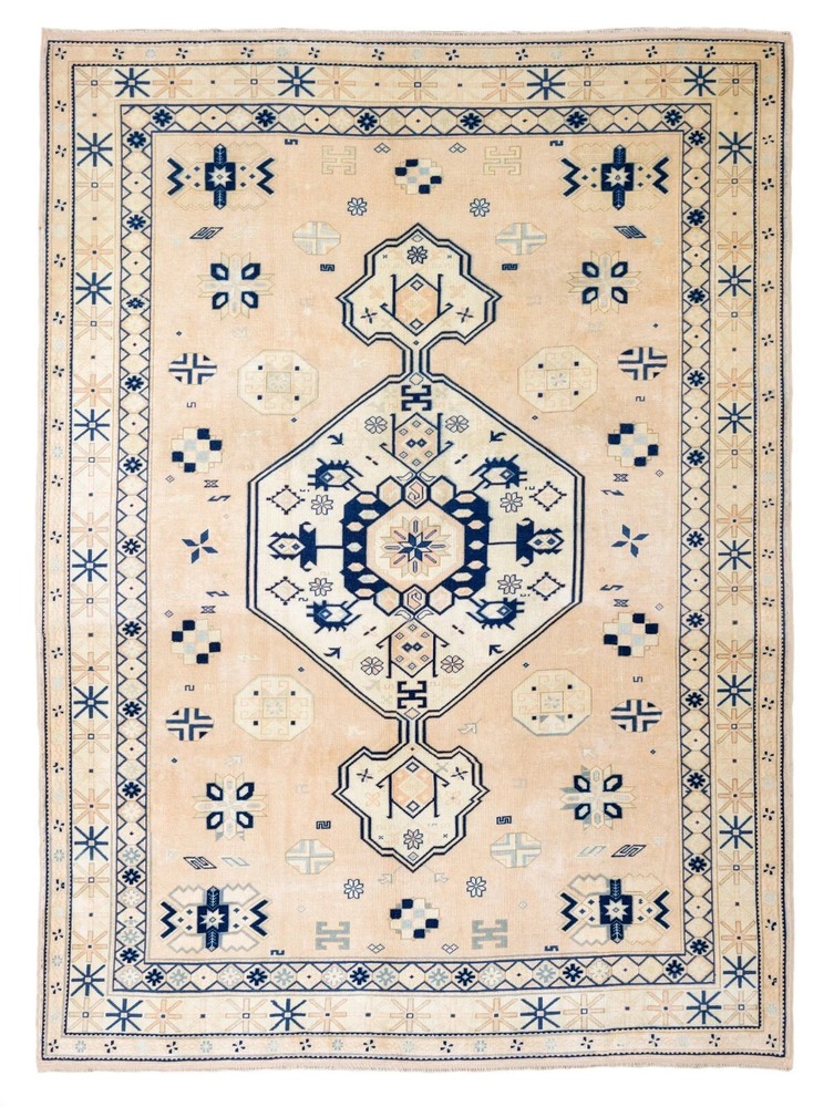 Hand-Knotted Turkish Oushak Rug | Ivory & Indigo Blue Geometric Medallion Area