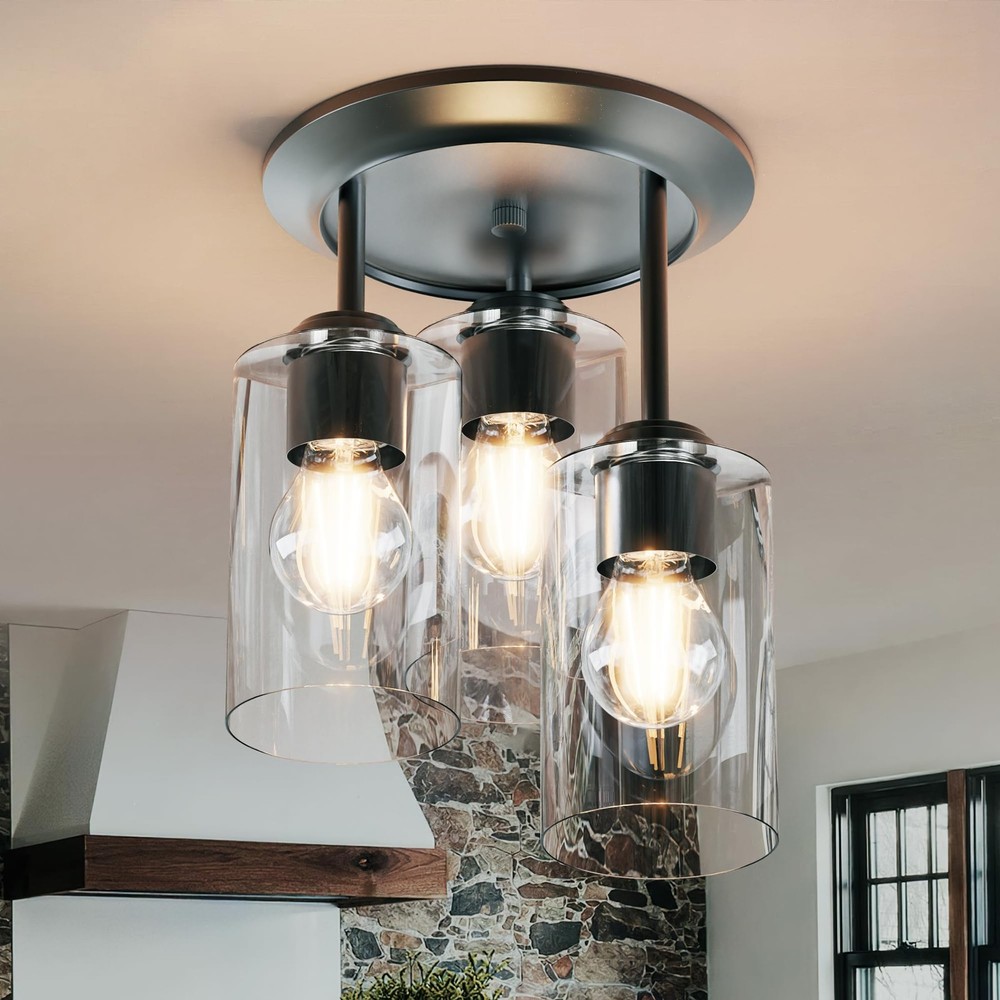 3-Light Farmhouse Semi Flush Mount Ceiling Fixture with Clear Glass Shades