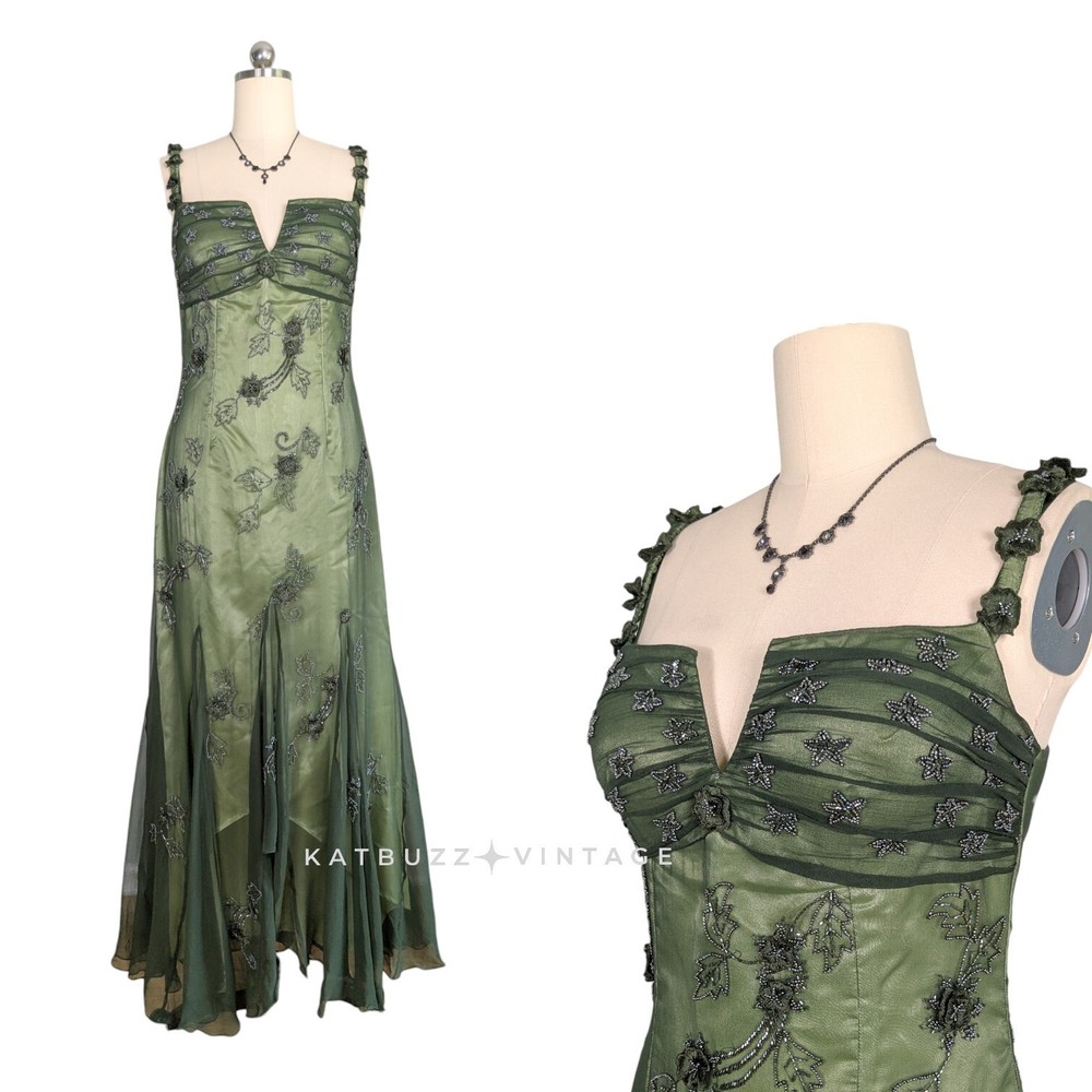 Vintage Evening Prom Dress Maxi Gown Green Silk Y2K Fairy Bead Whimsical Forest