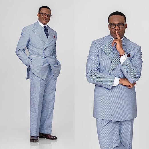 Navy Blue Men Seersucker Suit 2-Piece Groom Tuxedo for Prom Party Custom Fit