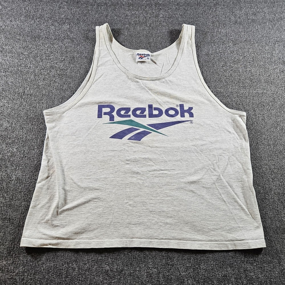 Reebok Vintage Big Logo Spellout Tank Top 90's Shirt Size XL Gray