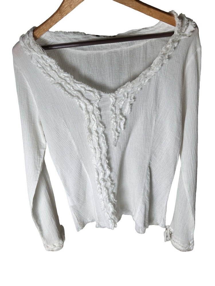 Y2K Sisley Semi Sheer Top Sz M White Long Sleeve Ruffle Layering Romantic V-neck