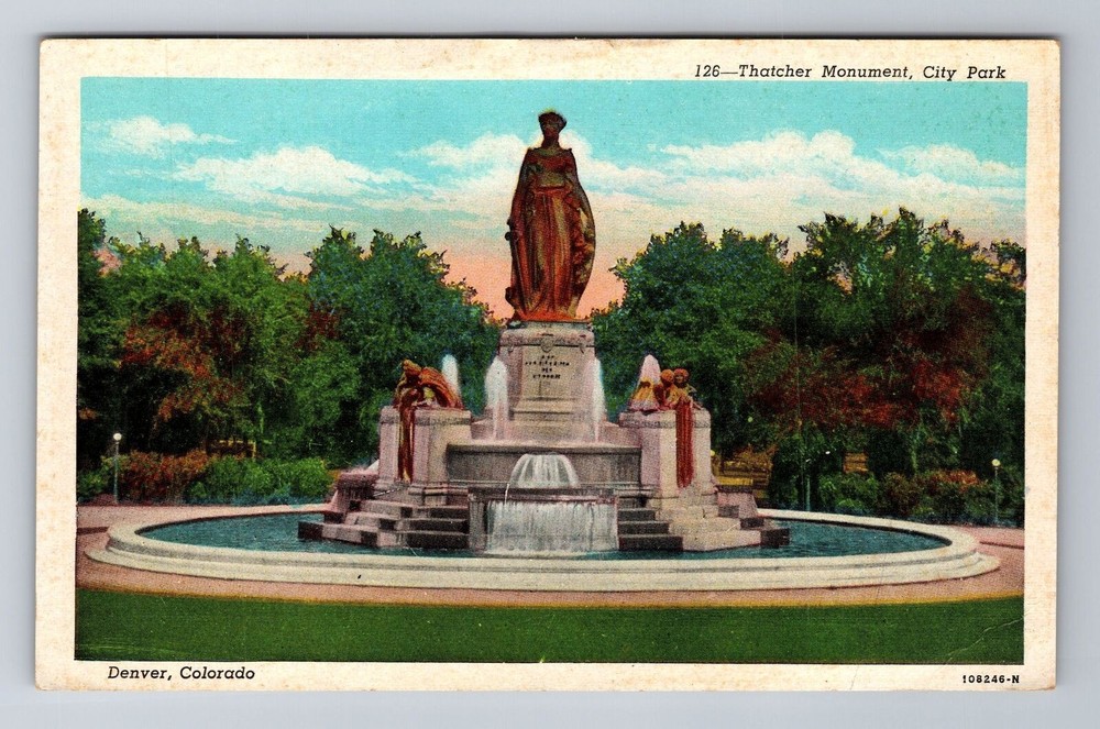 Denver CO-Colorado, Thatcher Monument, City Park, Vintage Souvenir Postcard