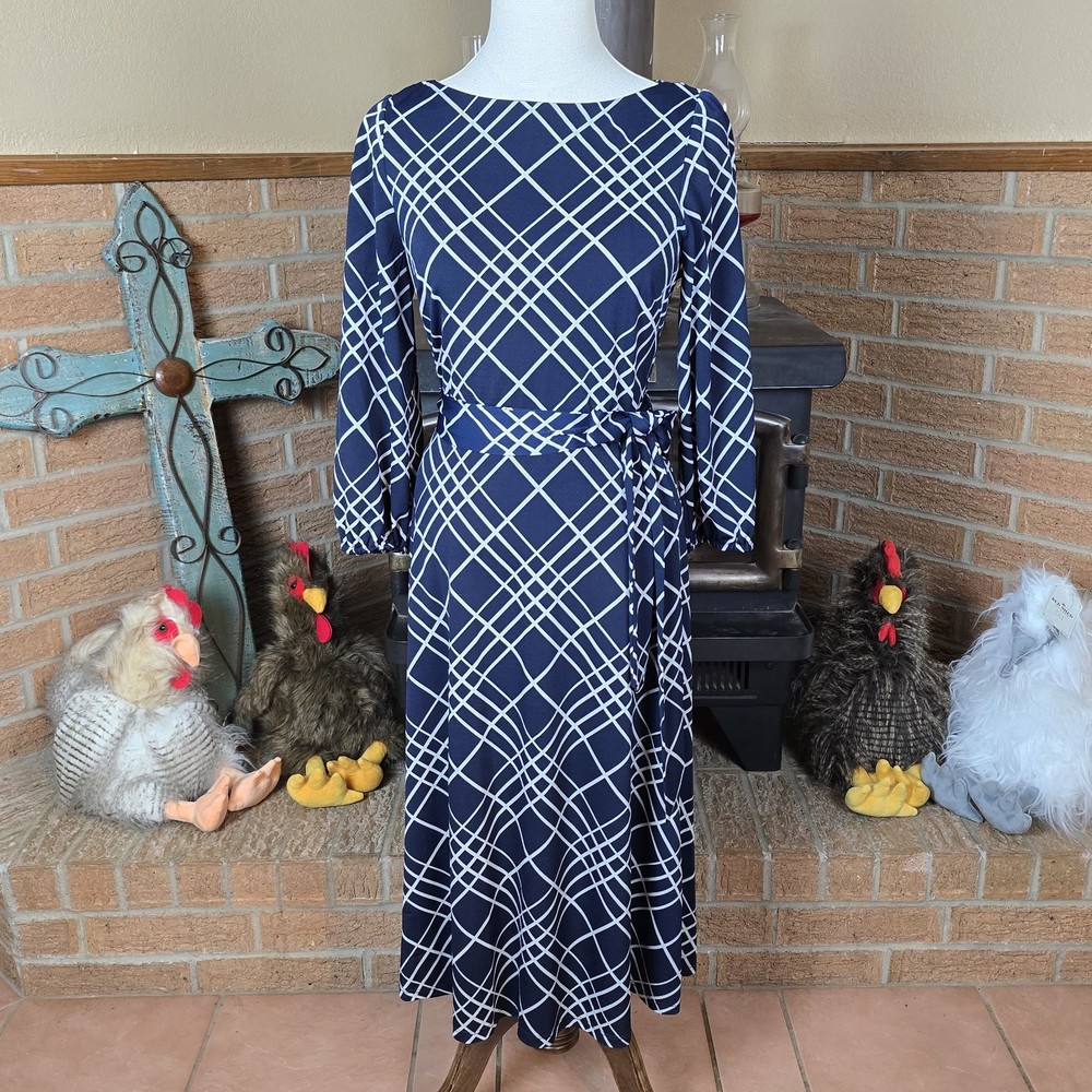 Jessica Howard Navy and White Long Sleeve Midi Dress Belt Size 6