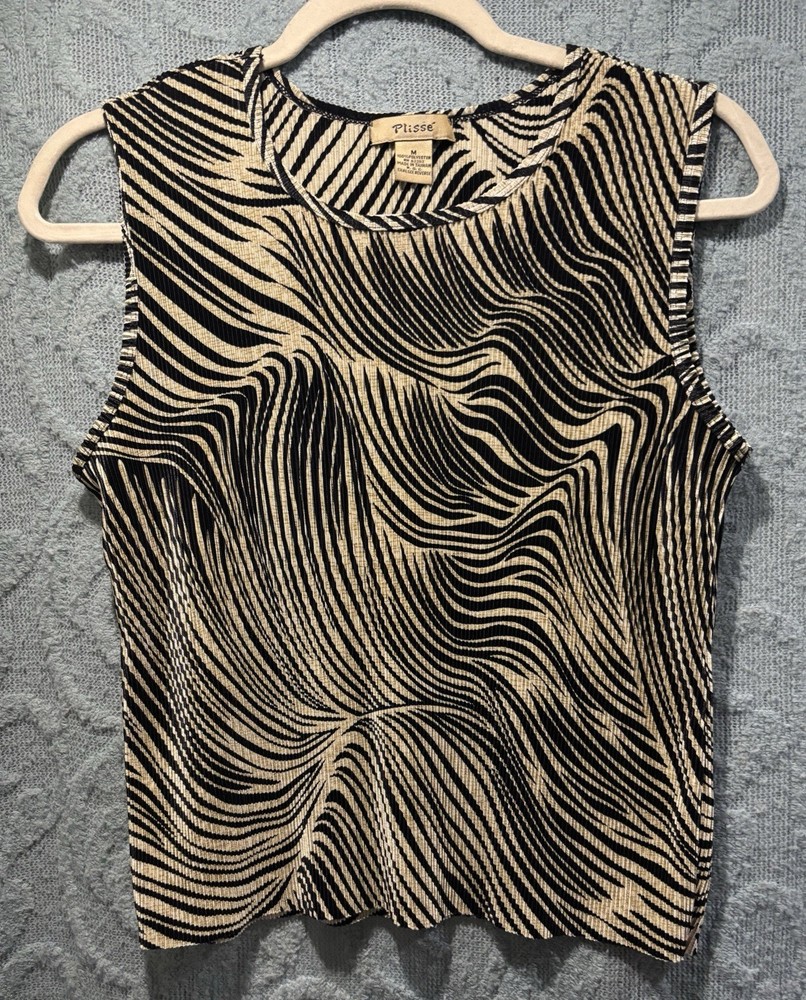 Plisse 90s / Y2K Vintage Women’s Top Sleeveless Pleated Size M Zebra Black Gold