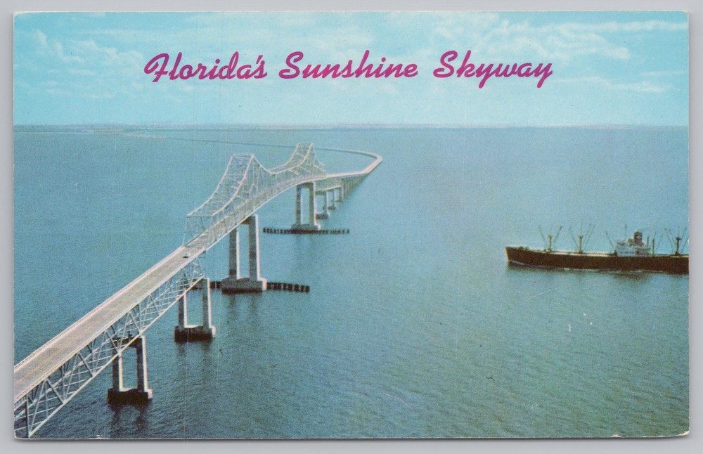Tampa Bay Florida~Sunshine Skyway~Ship Approaches~Vintage Postcard