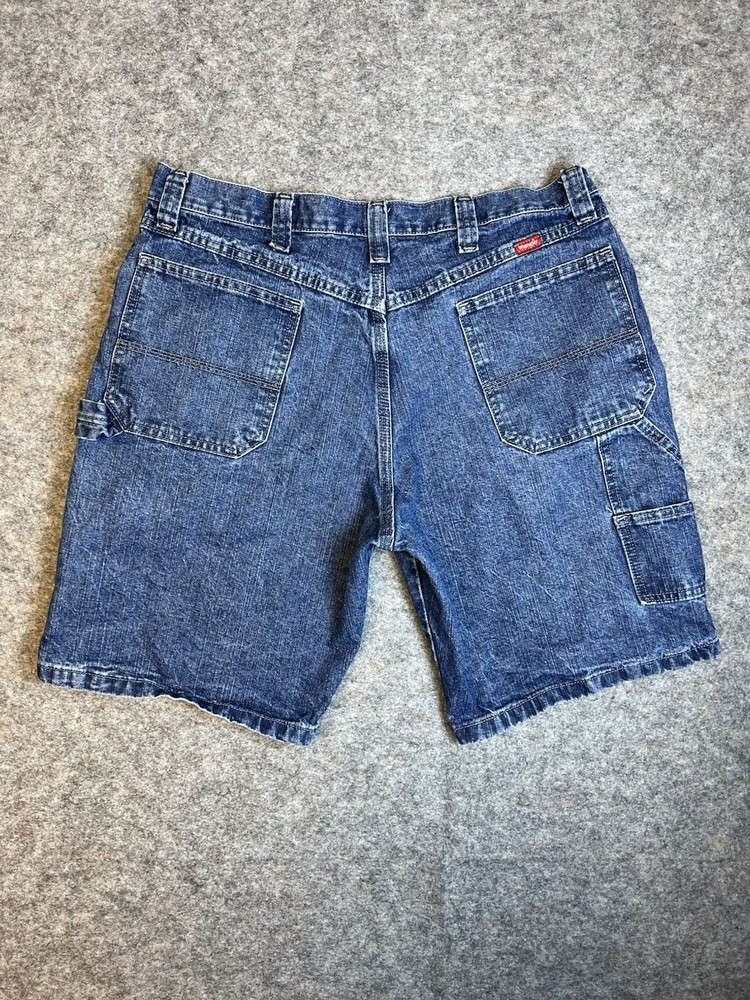 Wrangler Carpenter Jean Shorts Men's Size 36 Blue Distressed Denim Pockets Work