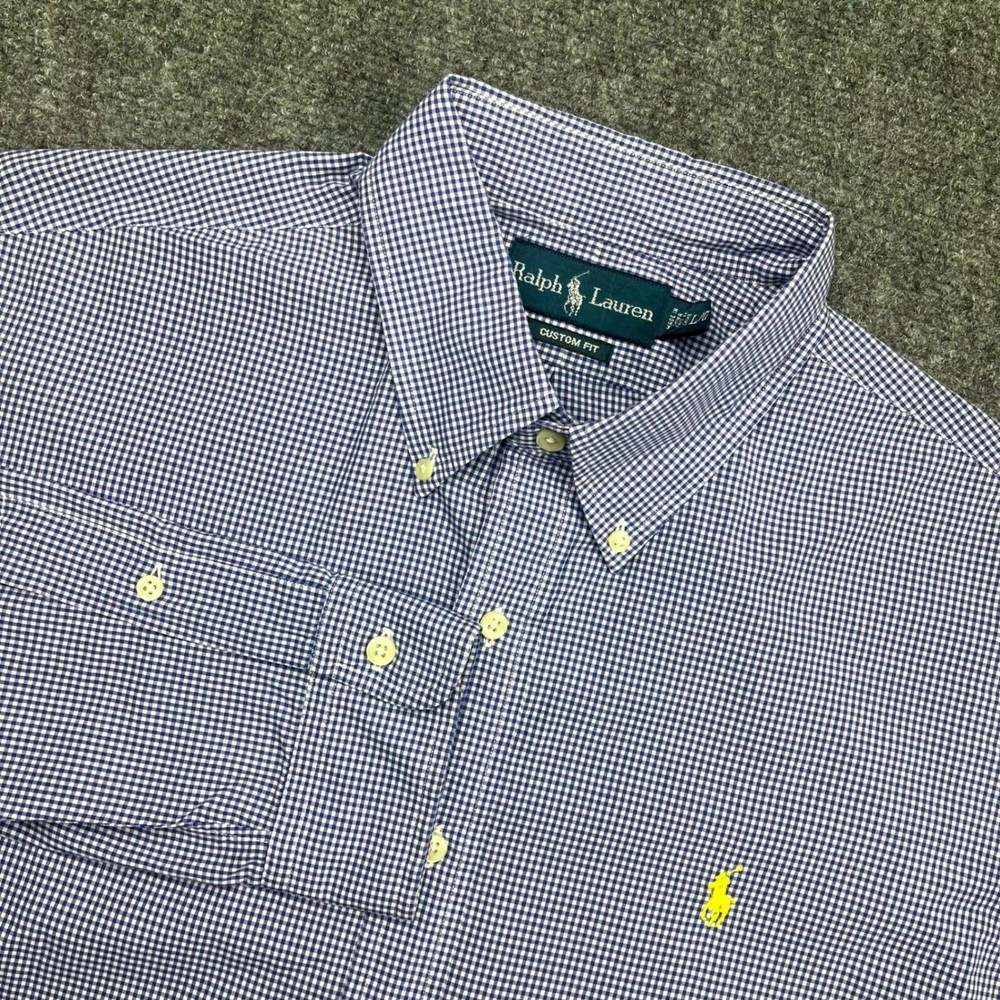 Ralph Lauren Mens Custom Fit Gingham Button Down Shirt Blue White Large L/G