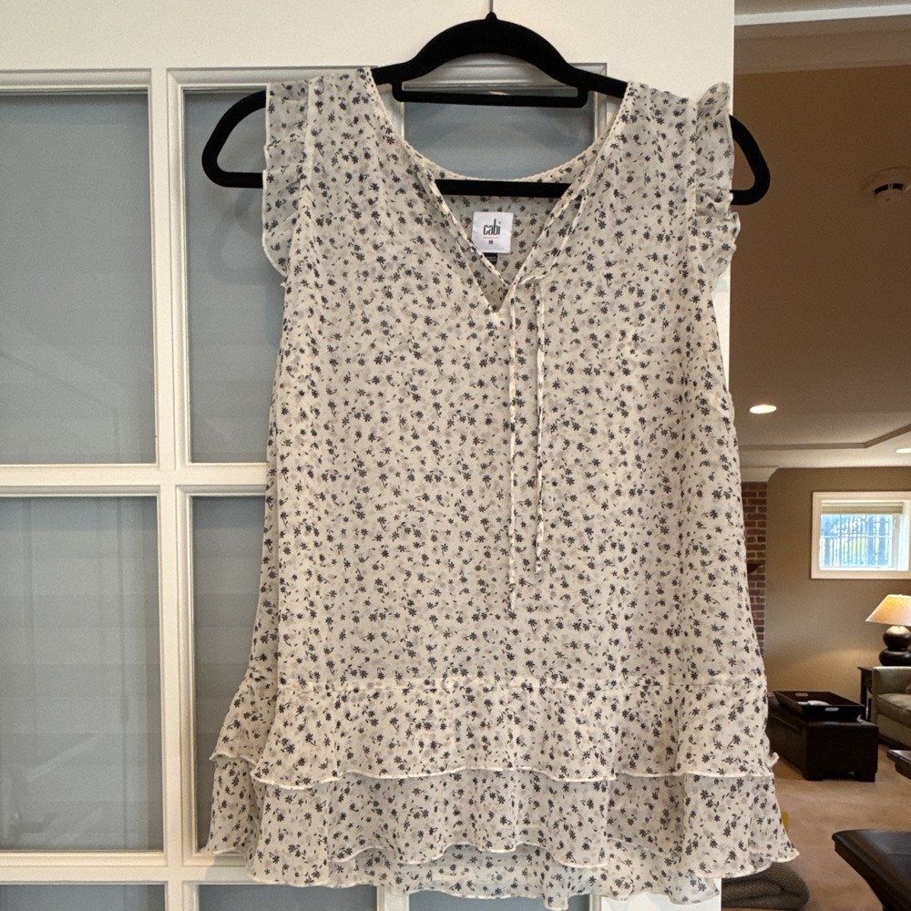 CAbi Womens Beige Blue Floral Chiffon Sleeveless V-Neck Ruffle Tie Blouse M