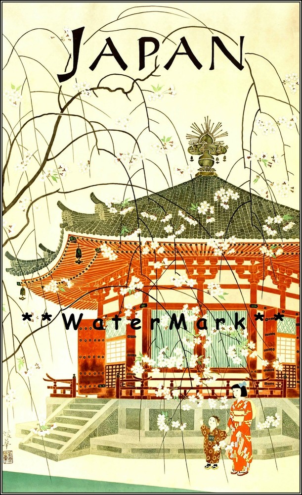 Japan 1950 Travel Bureau Vintage Poster Print Retro Style Japanese Travel Art