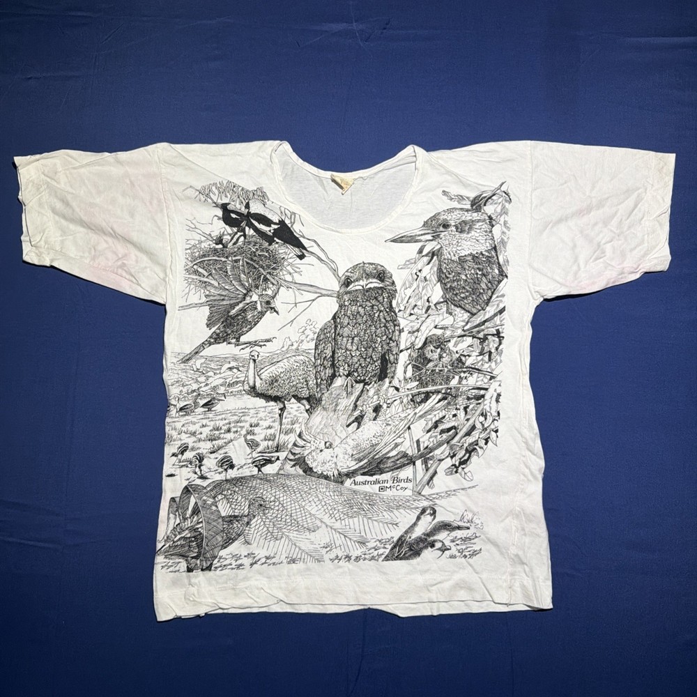 Vintage Sz 44 70s 80s White Australian Animals Birds Endangered Species T Shirt
