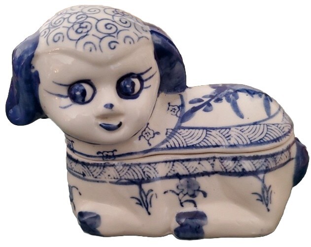 Vintage Porcelain Blue and White China Dog Or Sheep Trinket Box 5 Inch Long