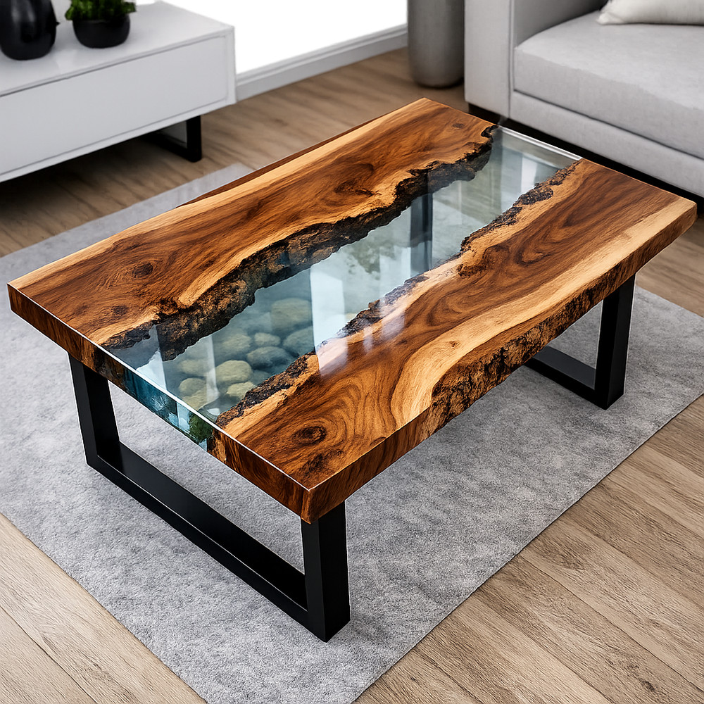 Live Edge Wood Coffee Table Clear Epoxy Resin River Table with Stones