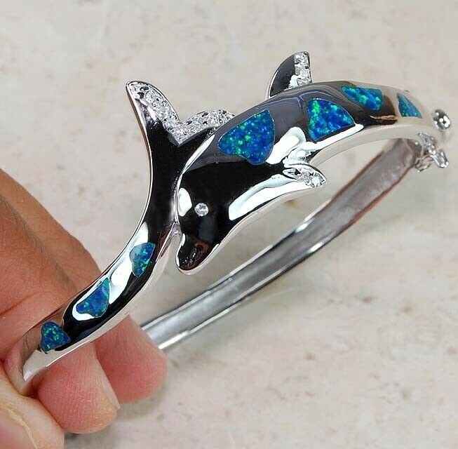 Dolphin Australian Opal & Topaz 925 Sterling Silver Bangle Bracelet