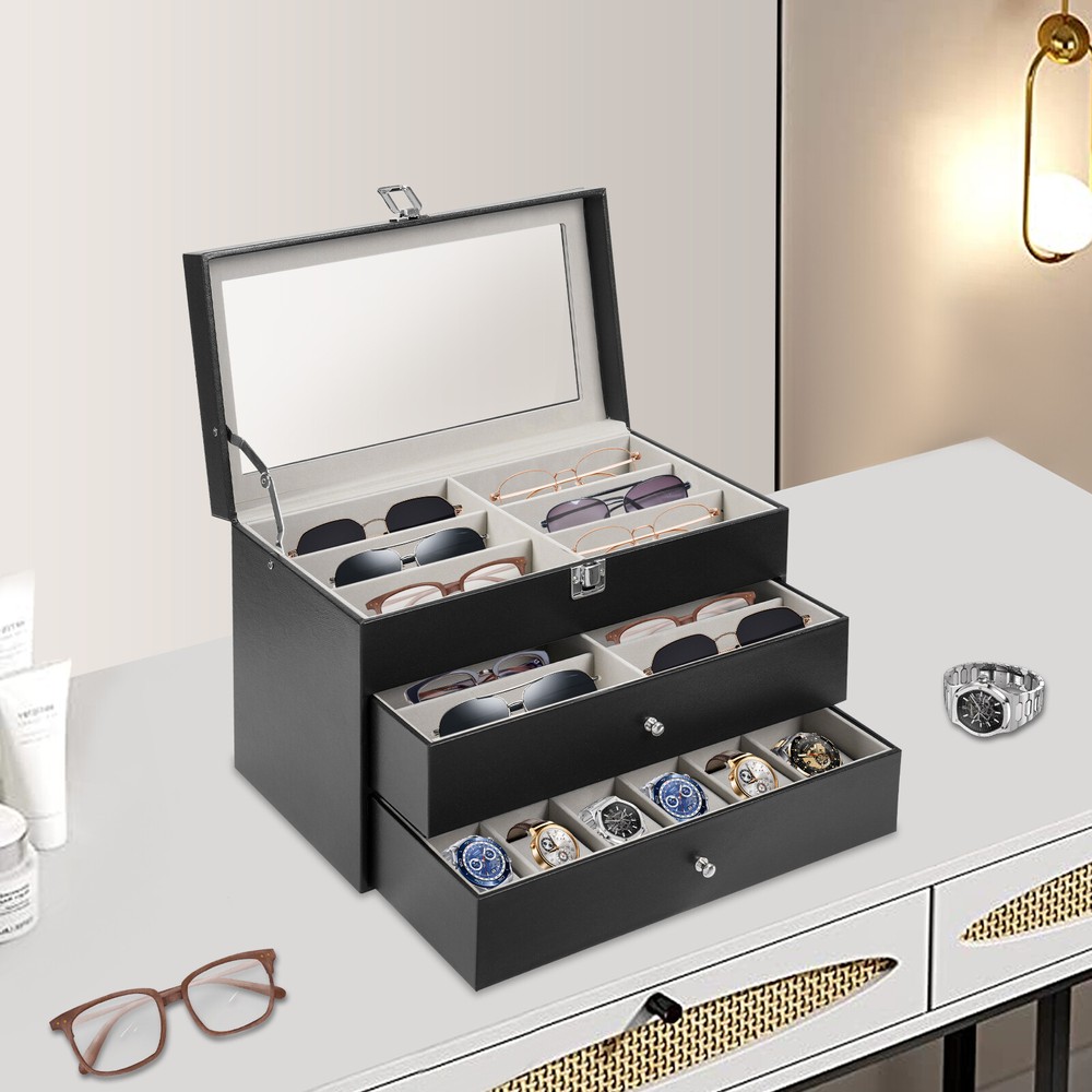 24-Slot 3-Layer Leather Watch Box Jewelry Organizer Display Case