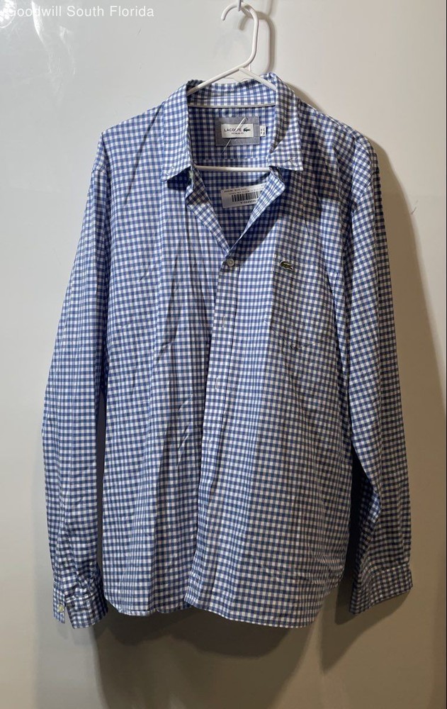 Lacoste Mens Blue White Gingham Cotton Regular Fit Button-Up Shirt Size 2XL