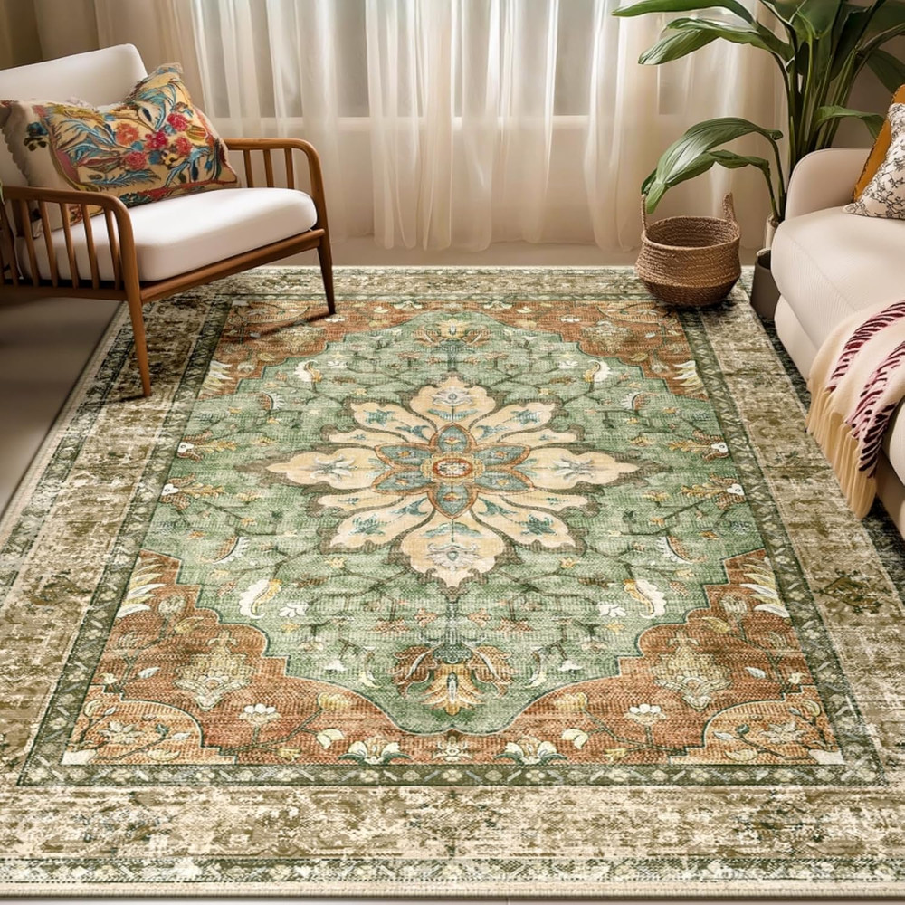 Area Rugs 5'X7' Washable Non-Slip, Floral Vintage Distress Medallion Carpet for
