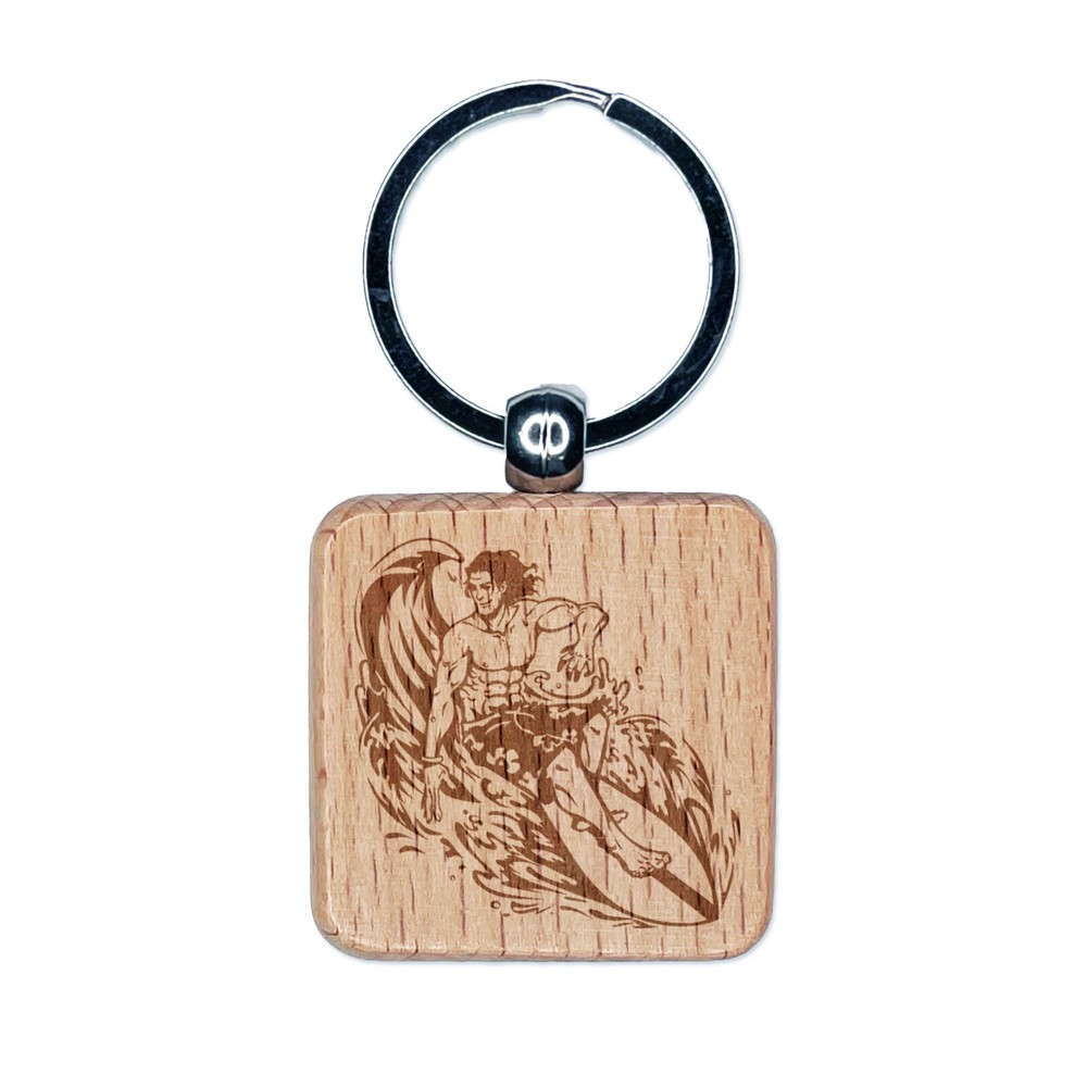 Surfer Riding Wave Engraved Wooden Keychain Charm for Men