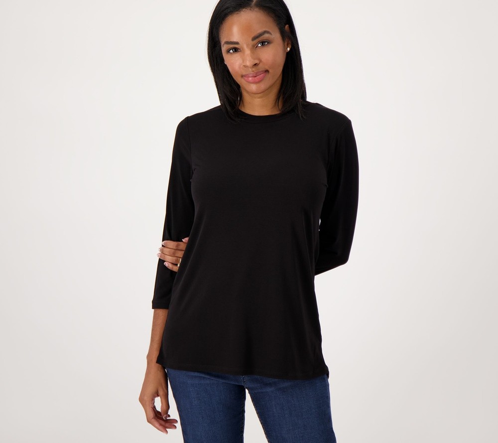 Susan Graver Women's Top Sz L Essentials Reg Liquid Knit Crew Neck Black A567175