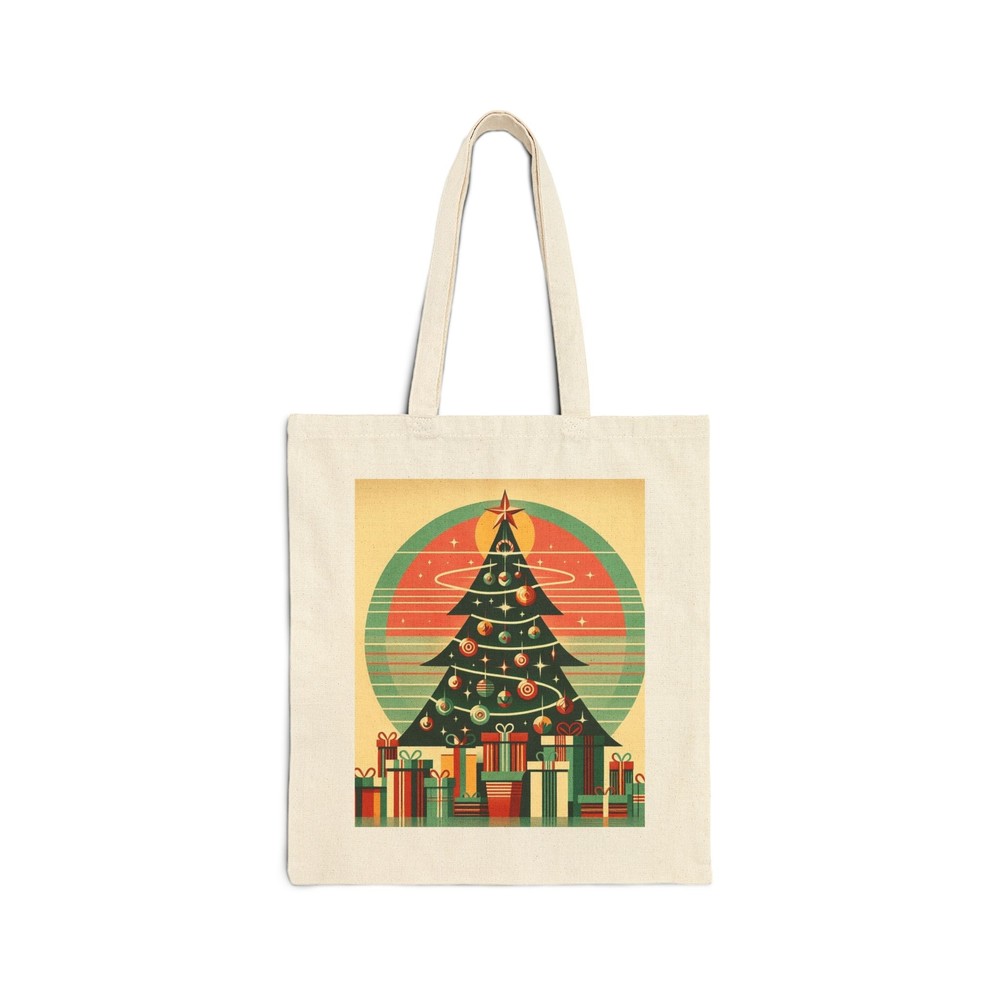 Cotton Canvas Tote Bag with Mid-Century Christmas Tree Design, Perfect Gift