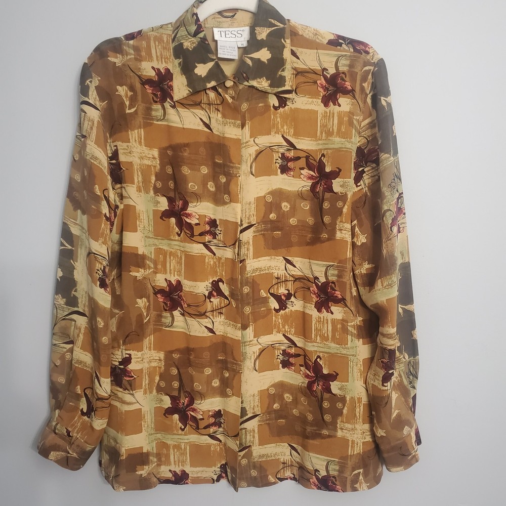 TESS Vintage Womens Pure Silk Floral Button Up Blouse Brown Beige Burgundy Size M