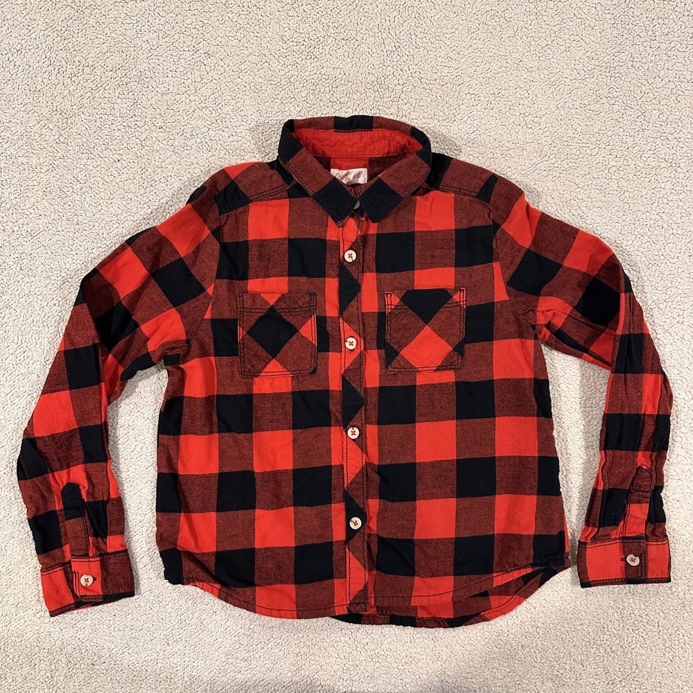 Cat & Jack Buffalo Plaid Flannel Shirt Red Black Check Lg Sleeve Boys Medium 7/8