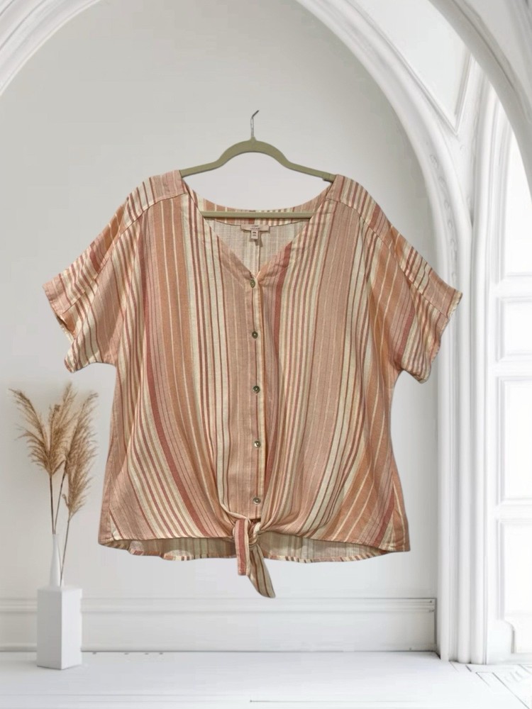 Como Vintage Linen Blend Tie Waist Top Women’s Size XXL Multi Stripe Boho Chic
