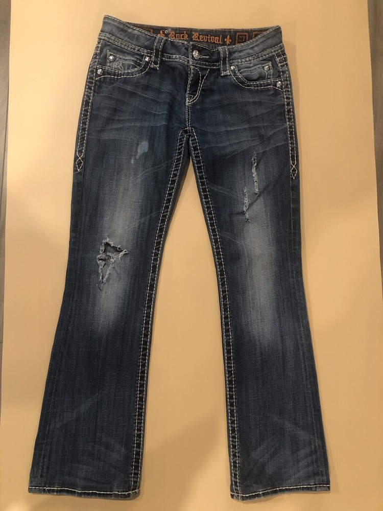 Rock Revival Jeans Women 27 Jamie Easy Boot Rhinestones 32” Inseam
