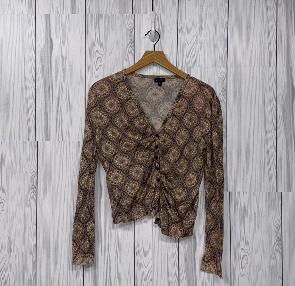 Nine West top womens size large button up long sleeve blouse patterned stretch