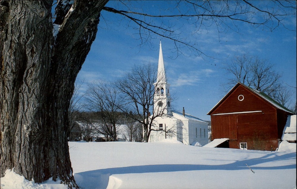 Peacham Vermont White Church Red Barn winter snow unused vintage postcard