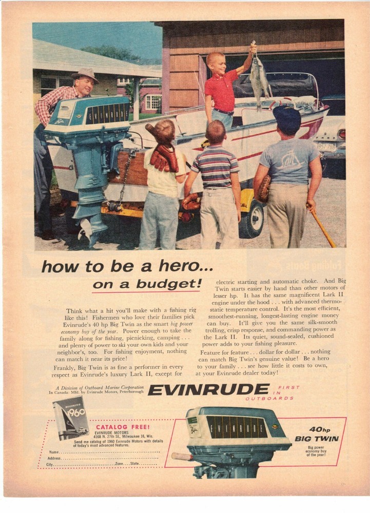 Evinrude 40HP Big Twin Outboard Motor Milwaukee WI ad 1960
