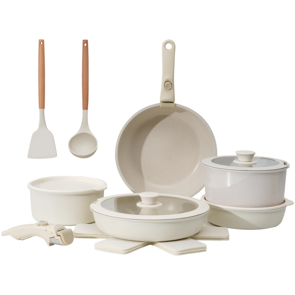 Pots And Pans Set, Nonstick Cookware Set With Detachable Handle, 17pcs Granit...