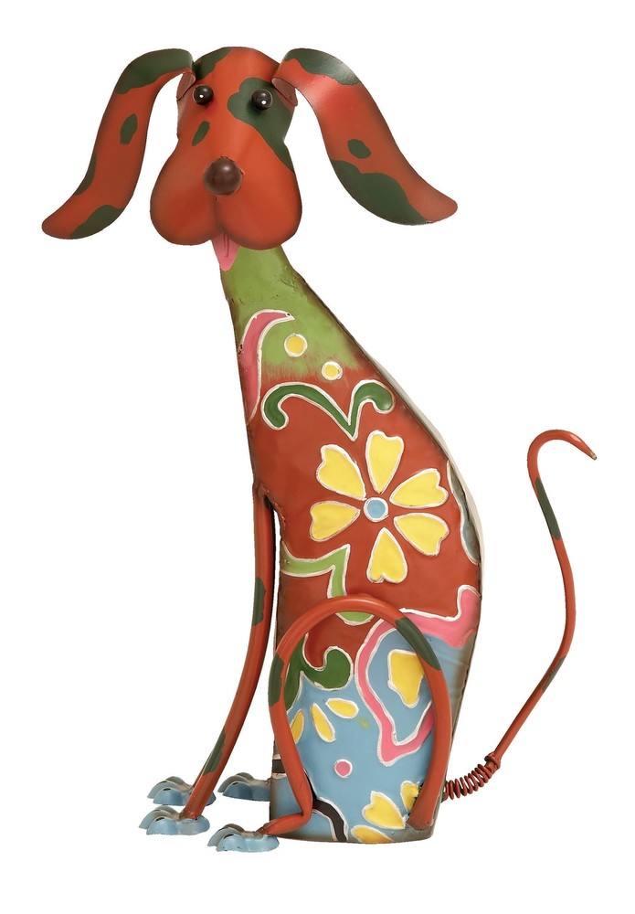 Eclectic Metal Multi Colored Dog Sculpture with Floral Design
