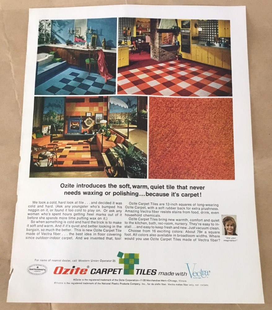 Ozite carpet tiles print ad 1967 original vintage 60s retro home decor style