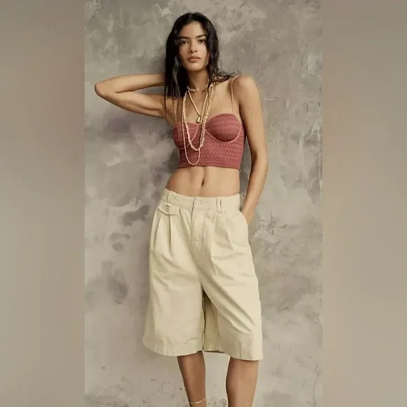 Free People High Street Trouser Pleated Shorts Linen Blend Brown Rice NEW Size 4