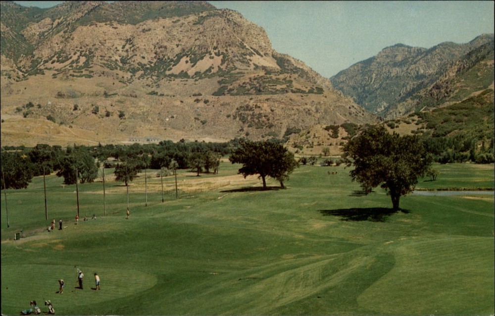 El Monte Golf Course Ogden Canyon Utah aerial view ~ vintage postcard