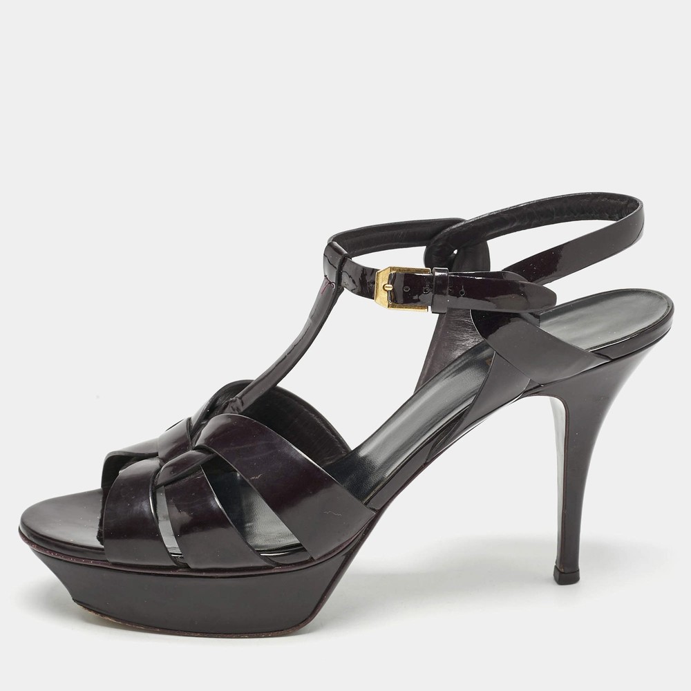 Saint Laurent Dark Burgundy Patent Leather Tribute Platform Sandals Size 41