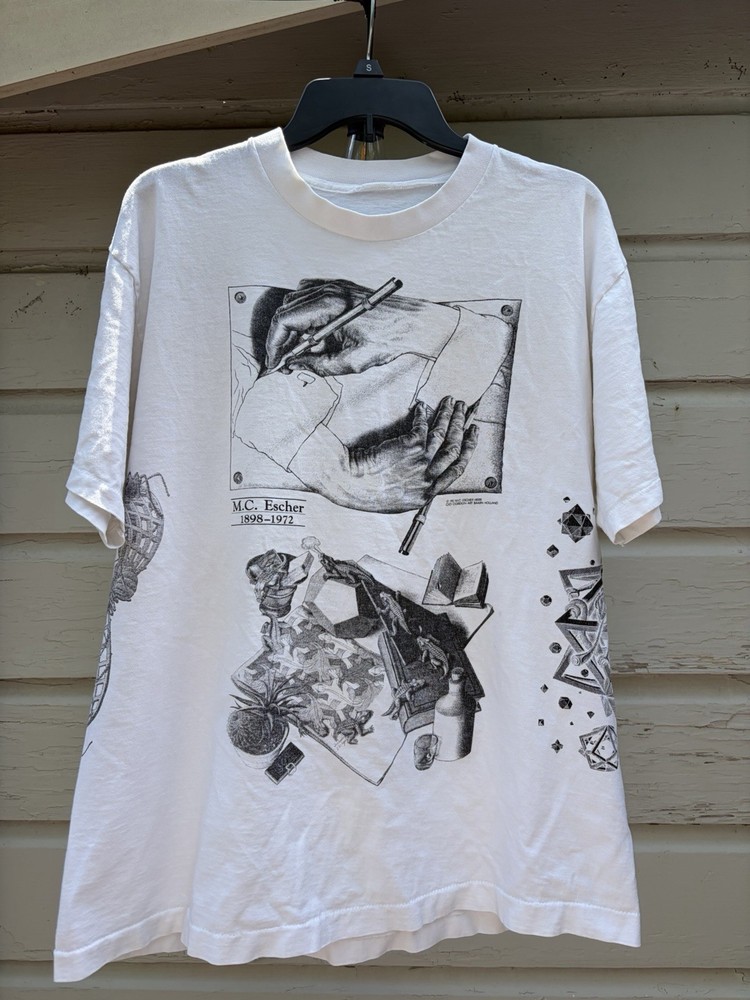 Vintage MC Escher AOP All Over Print Memorial Andazia Art 90s White T-Shirt XL