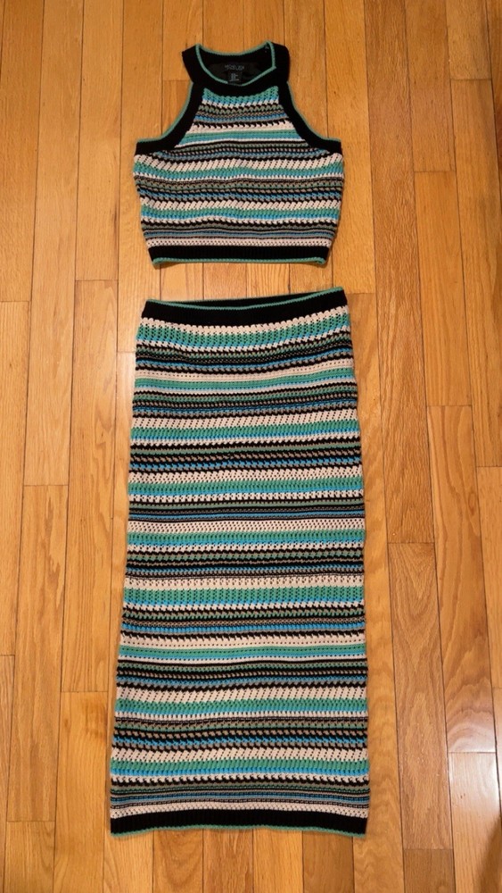 Rachel Zoe 2Piece Striped Knit Halter Crop Top & Skirt Festival Set Y2K Women XS