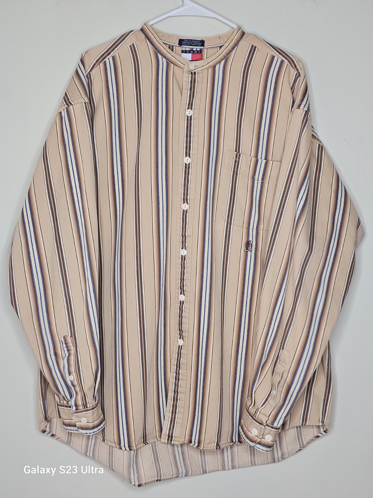 Tommy Hilfiger Striped Button-Up Shirt Men’s XL Long Sleeve Cotton Beige