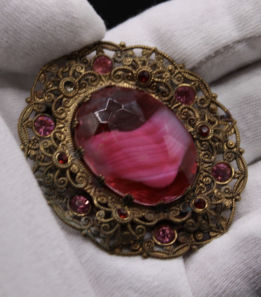 1940's Germany Purple Givre Glass Cabochon & Rhinestone Brooch
