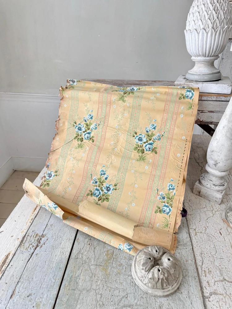 22x20 Antique French Wallpaper c1900 Blue Floral Stripe Design Wallcoverings Sh